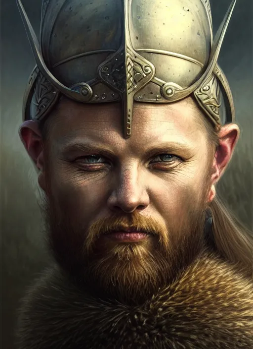 Image similar to closeup portrait shot of a viking warrior in a scenic dystopian environment, intricate, elegant, highly detailed, centered, digital painting, artstation, concept art, smooth, sharp focus, illustration, artgerm, tomasz alen kopera, peter mohrbacher, donato giancola, joseph christian leyendecker, wlop, boris vallejo