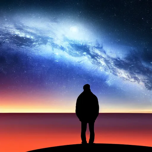 Image similar to 4K ultra HD detailed award-winning wallpaper silhouette of lonely man standing looking at Earth from far away huge vast sky universe