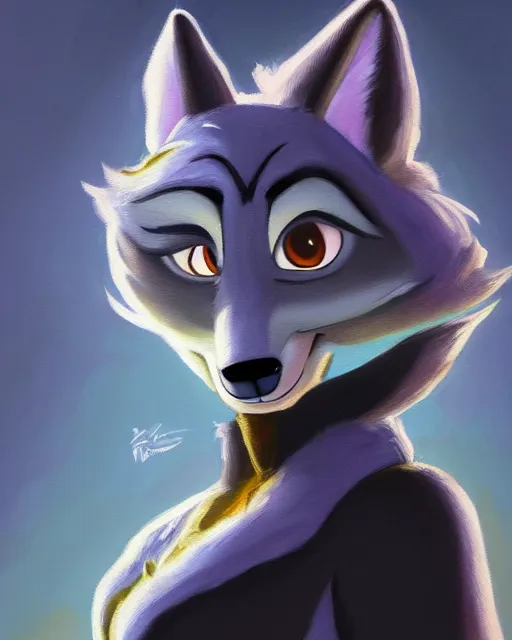 Image similar to oil painting of anthromorphic female wolf, in style of zootopia, zootopia, zootopia, fursona, furry, furaffinity, 4 k, deviantart, furry art, fursona art, wearing black business suit, business suit, in style of zootopia, wolf fursona, cyberpunk, female, expressive detailed feminine face,