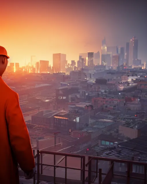 Image similar to a fat orange cat on a night rooftop scene, close up shot of a photorealistic gangster wearing a trench coat looking at the city below, unreal engine, hyper realism