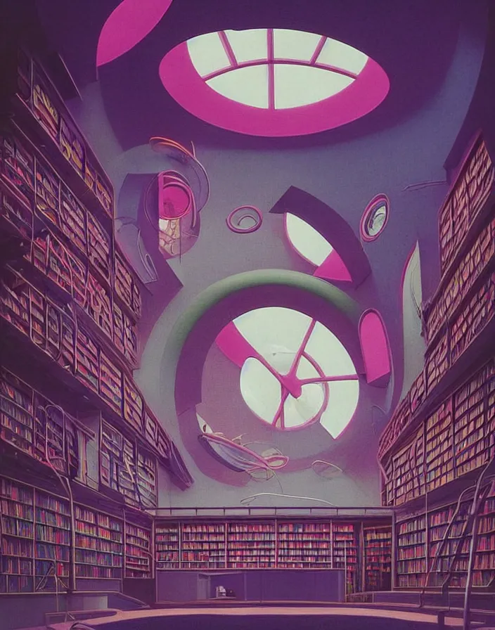 Prompt: 90s library interior with organic circular windows, figures, soft neon lights, bright colors, cinematic, cyberpunk, smooth, chrome, lofi, nebula, calming, dramatic, fantasy, by Moebius, by zdzisław beksiński, fantasy LUT, studio ghibli, high contrast, epic composition, sci-fi, dreamlike, surreal, angelic, 8k, unreal engine, hyper realistic, fantasy concept art, XF IQ4, 150MP, 50mm, F1.4, ISO 200, 1/160s, natural light, Adobe Lightroom, photolab, Affinity Photo, PhotoDirector 365,