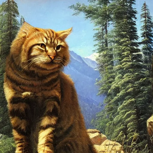 Image similar to huge gigantic cat in mountains, oil painting by Ivan Shishkin