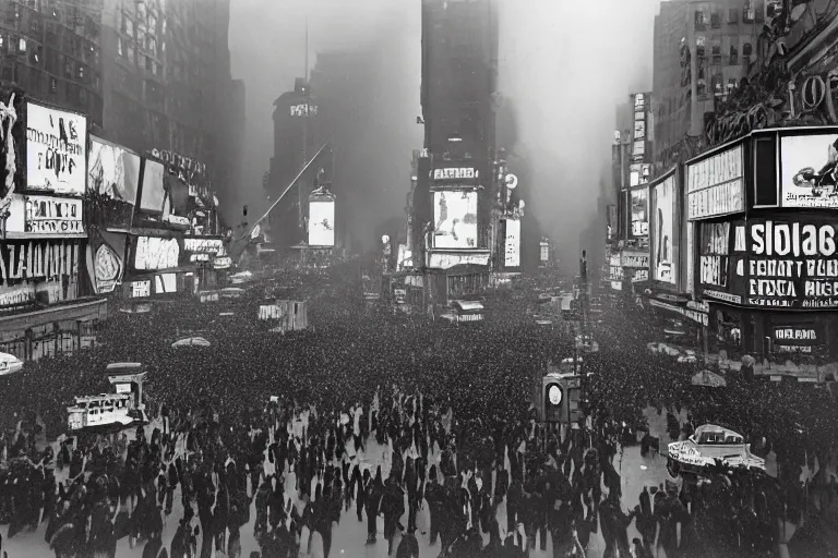 Image similar to a wide angle photograph of times square on new years eve, 1945, black and white