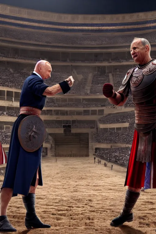 Image similar to putin vs joe biden inside a gladiator arena, 4 k, high res, movie still