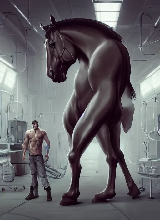 Image similar to splash art of an enormously muscular male anthro horse in a research facility wearing a skintight body armor, long white mane, furaffinity, anthro art, 8 k, unreal engine, by greg rutkowski, makoto shinkai and lois van baarle, ilya kuvshinov, rossdraws, tom bagshaw