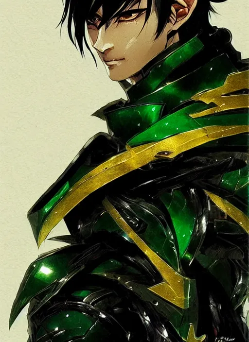 Image similar to Half body portrait of a handsome black haired elven warlord in black, green and gold jacket. In style of Yoji Shinkawa and Hyung-tae Kim, trending on ArtStation, dark fantasy, great composition, concept art, highly detailed.