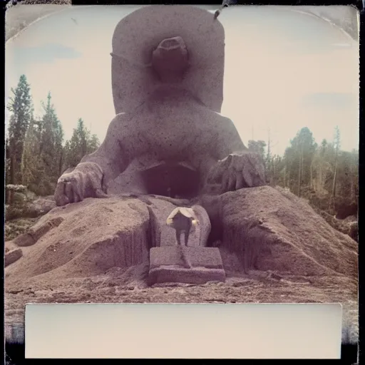 Image similar to a very large statue inside of a underground quarry, megalophobia, expired film, old polaroid,