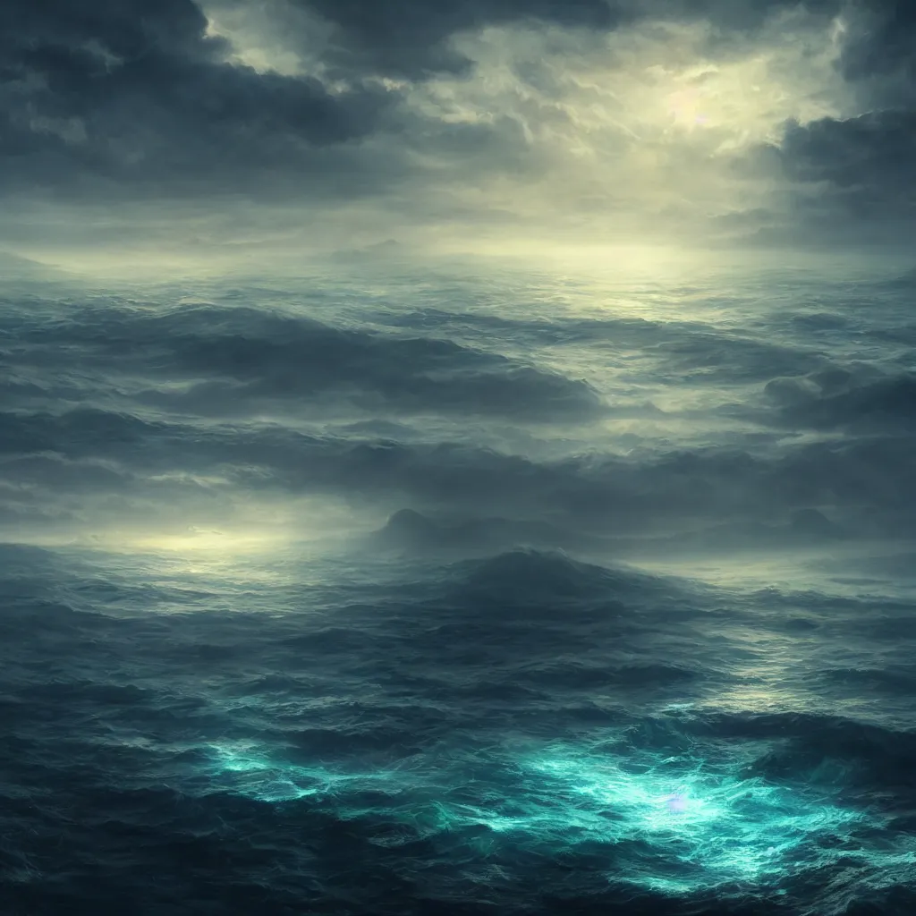 Prompt: reversed ocean, luminous sky, unreal engine, realistic, cinematic atmospheric, matte painting, concept art, trending on art station, concept art,