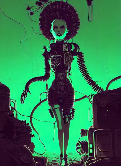 Image similar to highly detailed portrait of an moody wasteland punk long dripping green poison hair tribal lady, stray wiring by atey ghailan, james gilleard, by joe fenton, by greg rutkowski, by greg tocchini, by kaethe butcher, 4 k resolution, gradient purple, brown black and white color scheme!!! ( ( green flaming robotic sewer background ) )