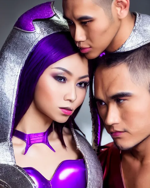 Image similar to photoshoot of a beautiful indonesian woman and handsome incredibly muscular indonesian man, both have short hair and elf ears and both wear a purple futuristic armored superhero costume, photorealistic