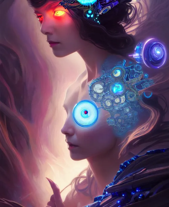 Image similar to a whirlwind of souls rushing inside the metaverse, half body, glowin eyes, tiara with sapphire, insect, android, cyberpunk, d & d, fantasy, intricate, elegant, highly detailed, colorful, vivid color, digital painting, artstation, concept art, art by artgerm and greg rutkowski and alphonse mucha and ruan jia