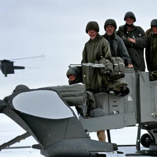 Prompt: closeup 3 5 mm film uhd 8 k photograph of middle aged caucasian men in camo unloading cargo from a black military 1 9 8 2 helicopter at a top secret military base in antarctica