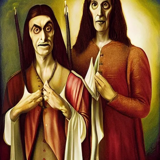 Image similar to the vampires from the show What we do in the shadows oil painting by Leonard Da Vinci ,, ultrarealistic