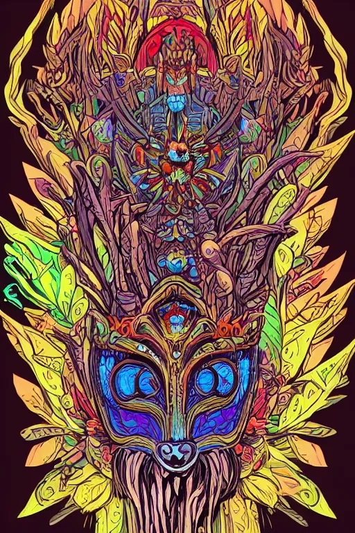 Image similar to animal mask totem roots flower tribal feather gemstone plant wood rock shaman vodoo video game vector cutout illustration vivid multicolor borderlands comics by josan gonzales and dan mumford radiating a glowing aura