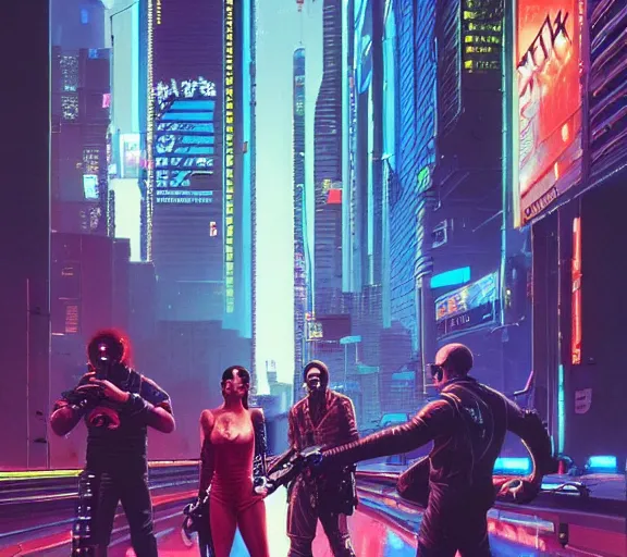 Prompt: a portrait of a cyberpunk epic street battle, Night City, cyberpunk 2077, very very coherent painting, 1979 OMNI Magazine Cover, street level neo-Tokyo in Cyberpunk 2045 style by Vincent Di Fate by mark arian by artgerm, 4k, 8k, HD, trending on artstation