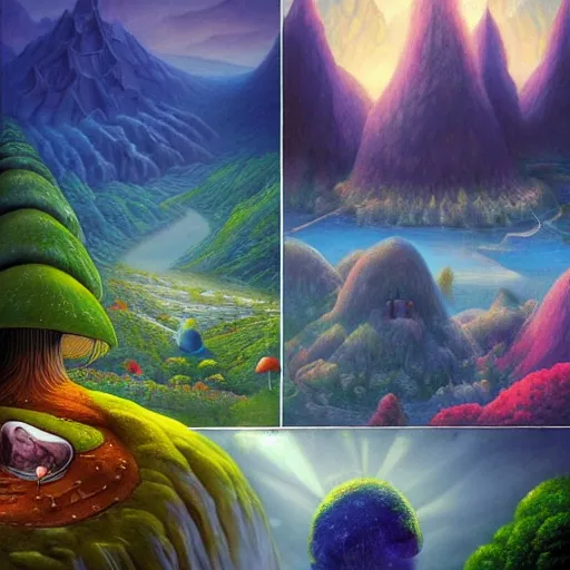 Prompt: A mountain with a giant mushroom in the center, a forest on either side, 8K, Ultra Realistic,mega structures inspired by Heironymous Bosch's Garden of Earthly Delights, vast surreal landscape and horizon by Asher Durand and Cyril Rolando and Thomas Kinkade, rich pastel color palette, masterpiece!!, grand!, imaginative!!!, whimsical!!, epic scale, intricate details, sense of awe, elite, fantasy realism, complex composition, 4k post processing