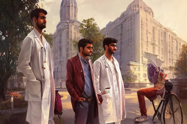 Image similar to Anxious good looking pale young Indian doctors wearing American clothes outside a hospital, portrait, elegant, intricate, digital painting, artstation, concept art, smooth, sharp focus, illustration, art by artgerm and greg rutkowski and alphonse mucha