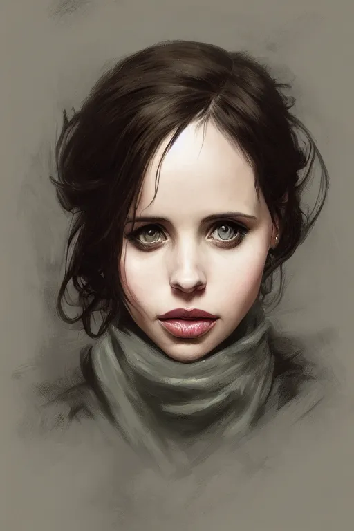 Image similar to portrait of actress felicity jones, colourised, face portrait, epic, tragic, military art, fantasy, dieselpunk, hd shot, digital portrait, beautiful, artstation, comic style, by artgerm, guy denning, jakub rozalski, magali villeneuve and charlie bowater