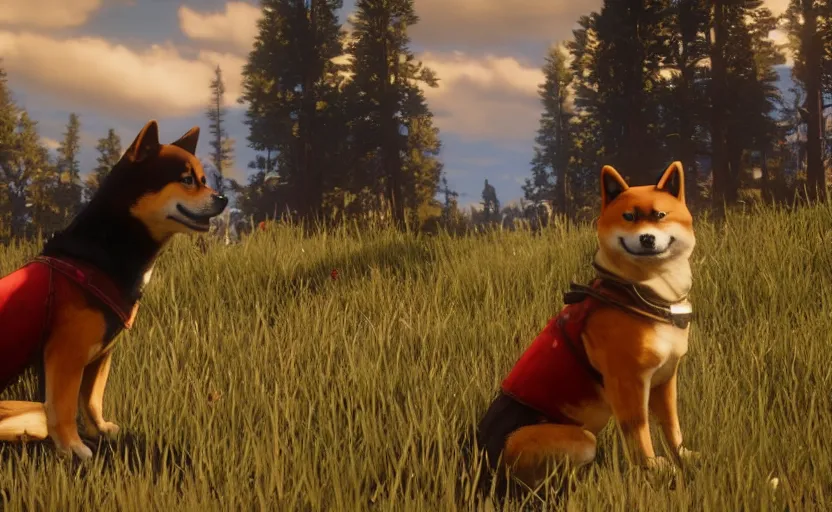 Prompt: A shiba inu dog in Red Dead Redemption 2, cinematic shot, campfire