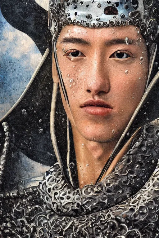 Image similar to hyperrealism oil painting, close-up portrait of medieval euopean fashion model, knight, steel gradient mixed with water swirls sky, in style of baroque mixed with 70s japan book art