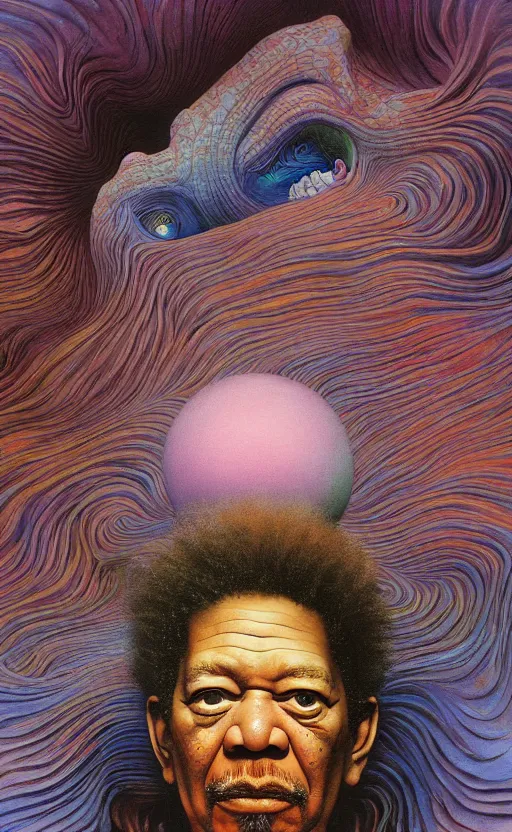 Image similar to ultrawide angle colour masterpiece surreal closeup portrait photography of morgan freeman playing on stage by miho hirano and annie leibovitz and michael cheval, weird surreal epic psychedelic complex biomorphic 3 d fractal landscape in background by kilian eng and roger dean and salvador dali and beksinski, 8 k