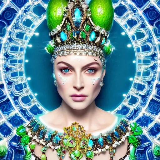 Prompt: portrait of pretty queen of avocado, glowing, ornate and intricate blue jewelry, jaw dropping beauty, glowing background lighting, white accent lighting, hyper detailed, 4 k octane render