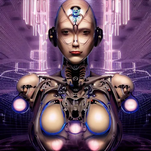 Image similar to The face of an extremely beautiful biomechanical female looking robot with Optical Sensors and large emoji tattoos, surrounded by a thin transparent force field,, extremely beautiful oppai cyberpunk, exaggerated proportions, organic, chimeric organism, pale skin, organic polycarbon, full frontal, portrait, highly detailed, symmetrical, mechanical, mendelbrot fractal, ray tracing, hyperdetailed, hyperrealistic, octane render, hdr, 8k