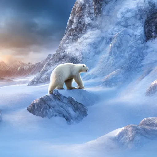 Image similar to a beautiful photo of a polar bear on a mountain, hyper realistic, natural light, concept art, cozy, atmospheric and cinematic lighting