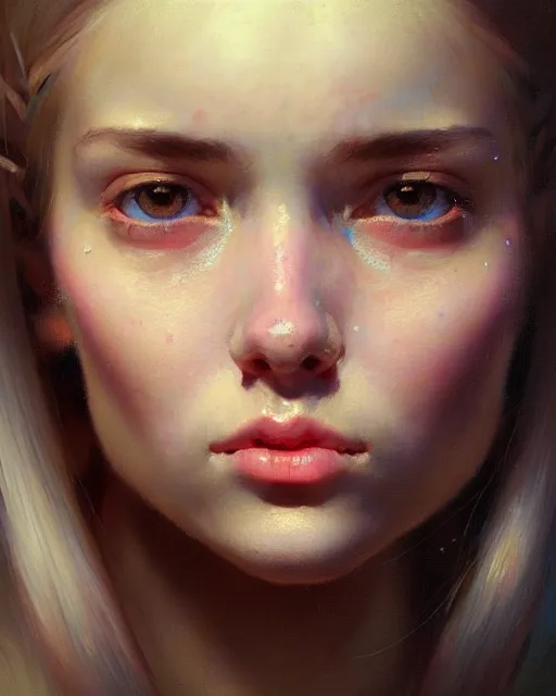 Prompt: young woman with pigtails, beautiful girl, close up portrait, bright, highkey, realistic, serov, surikov, vasnetsov, repin, kramskoi, paint texture, uplight, insanely detailed, charlie bowater, tom bagshaw, octane rendered, unreal engine, illustration, trending on artstation, masterpiece
