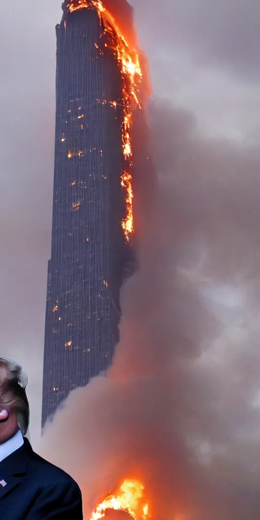 Image similar to a beautiful photo of donald trump being unfazed by the fact that the trump tower is burning, intricate details, photography, volumetric light, 8 k