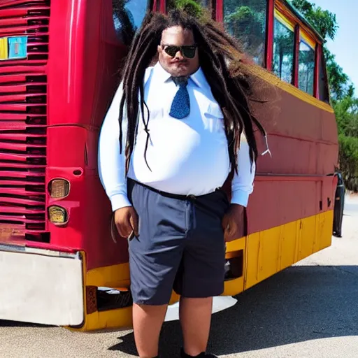 Image similar to overweight african american male school bus driver with dreads, wearing shorts with chubby legs, big moe, symmetric face, photo