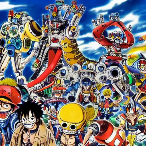 Prompt: a high detalied color splashpage artwork of a group of mechas controled by young manga characters, drawed by Eiichiro Oda, one piece