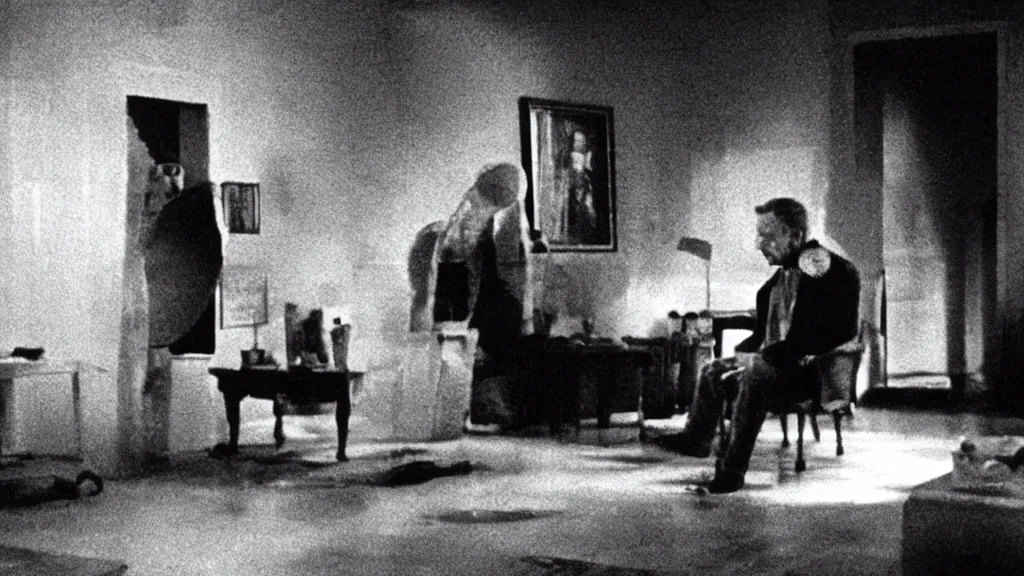 Image similar to an mri image of james cavell in the living room, film still from the movie directed by denis villeneuve with art direction by salvador dali, wide lens