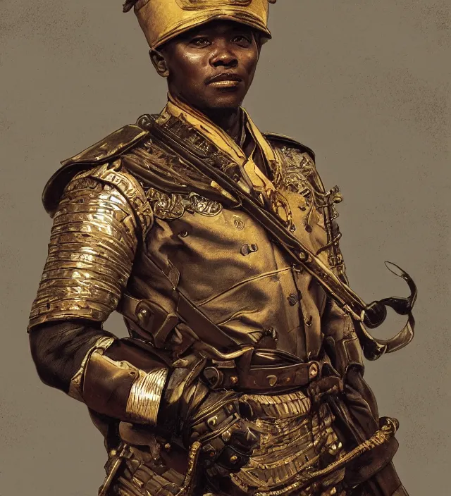 Image similar to portrait of an south african man wearing a traditional nineteenth century south african empire military uniform, metal shoulder pauldrons, intricate, highly detailed, digital painting, artstation, concept art, sharp focus, cinematic lighting, illustration, art by artgerm and greg rutkowski, alphonse mucha, cgsociety