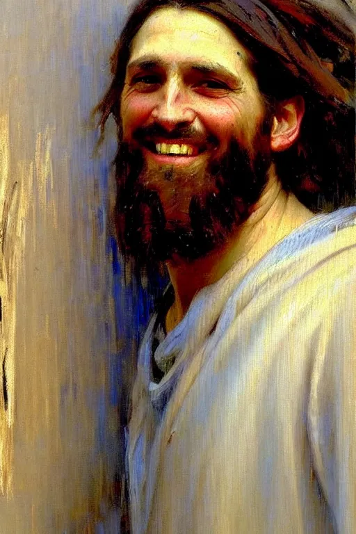 Image similar to impressionist brushstrokes!!!!!!!!! solomon joseph solomon and richard schmid and jeremy lipking victorian loose genre loose painting full length portrait painting of jesus with a slight smile happy inviting