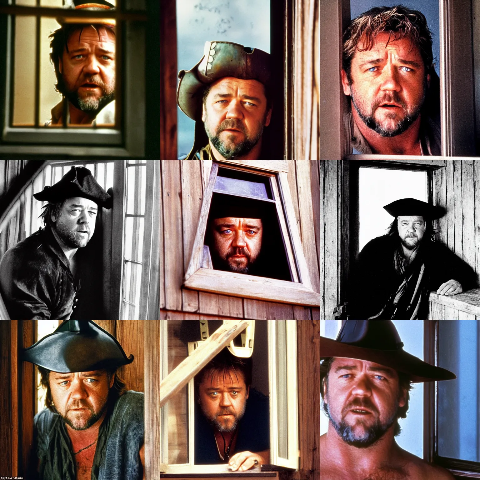 Prompt: russell crowe ( 1 9 9 0 ) with large pirate hat peering out concerned down to camera from a small glass window in a wooden wall