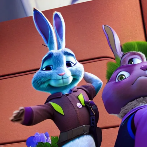 Image similar to Judy Hopps, the rabbit police officer from Zootopia, posing for a selfie with the evil human criminal Hannibal Lecter from Silence of the Lambs, over a plate of fava beans and chianti, mashup, 4k movie still