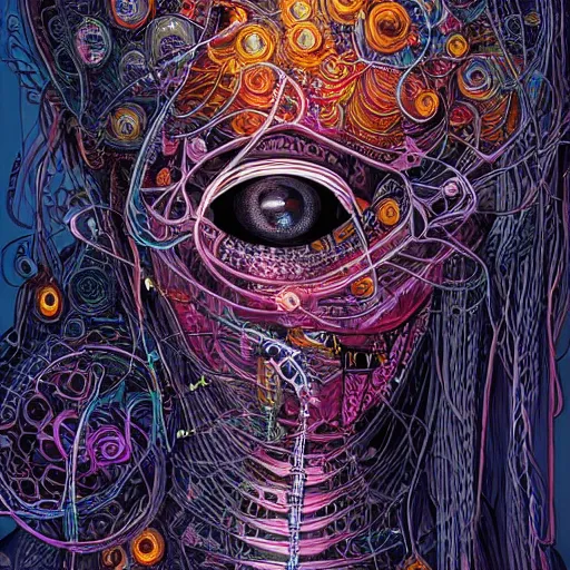 Prompt: beautiful bio punk woman_integrating_with_technology_full_face_insipiring_detailed_intricate_ornate_cables_connected_to_head_big_open_electric_eyes_ the_singulairty by android jones