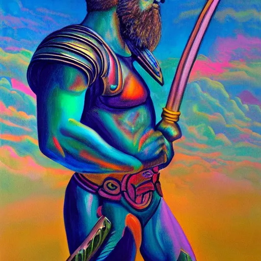 Prompt: a painting of a tranquil gladiator thinking in the style of flooko, alex grey, acrylic, vibrant, twilight, glows, detailed,