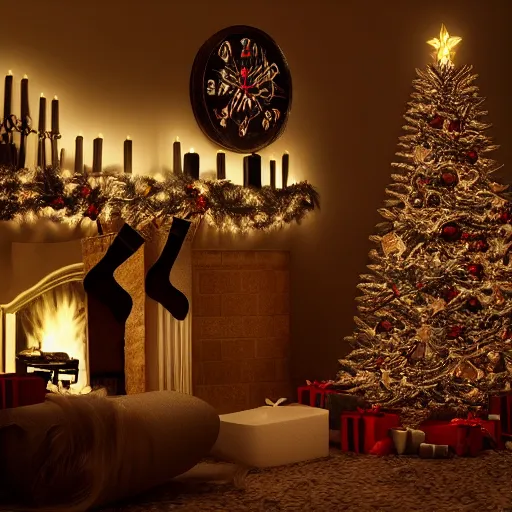 Prompt: vunter slaush creeping at night, dark image, horror, Christmas tree with lights, fireplace in background, inside living room. Dark spect, 4k realistic