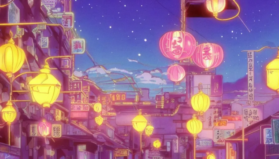 Prompt: A film still from a 1990s Sailor Moon cartoon featuring a moody street in Japan with a waterfall and lanterns, golden hour, cinematic look