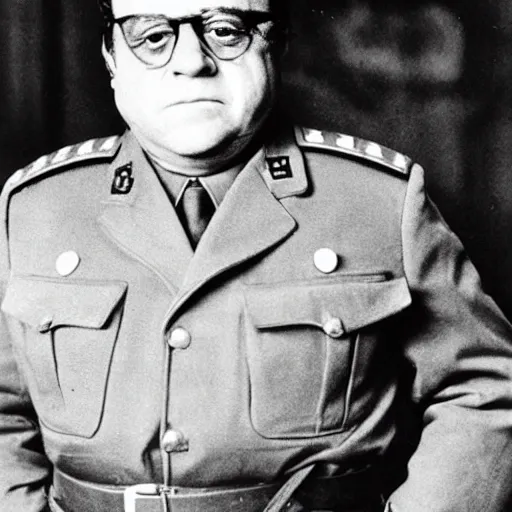 Prompt: portrait photograph of danny devito as a soviet officer in ww 2