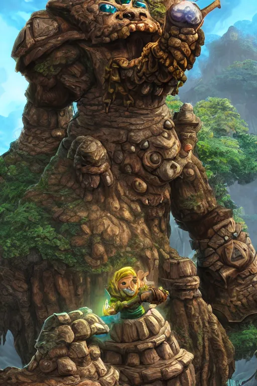 Image similar to zelda fantasy art giant golem troll wood rock greeble gemstone, global illumination ray tracing hdr fanart arstation by sung choi and eric pfeiffer and gabriel garza and casper konefal