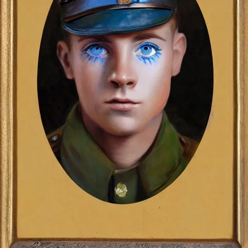 Image similar to Closeup of a young soldier with blue eyes and brown hair, cinematic art, painting