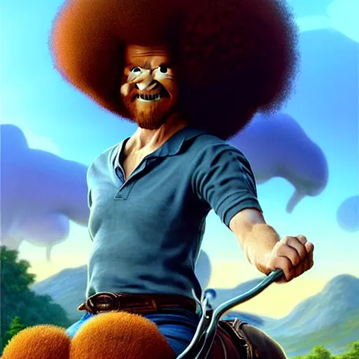 Image similar to bob ross!!! riding!!! a dinosaur!!, giant afro!, model pose, ultra realistic, concept art, intricate details, highly detailed, photorealistic, octane render, 8 k, unreal engine. art by artgerm and greg rutkowski and alphonse mucha