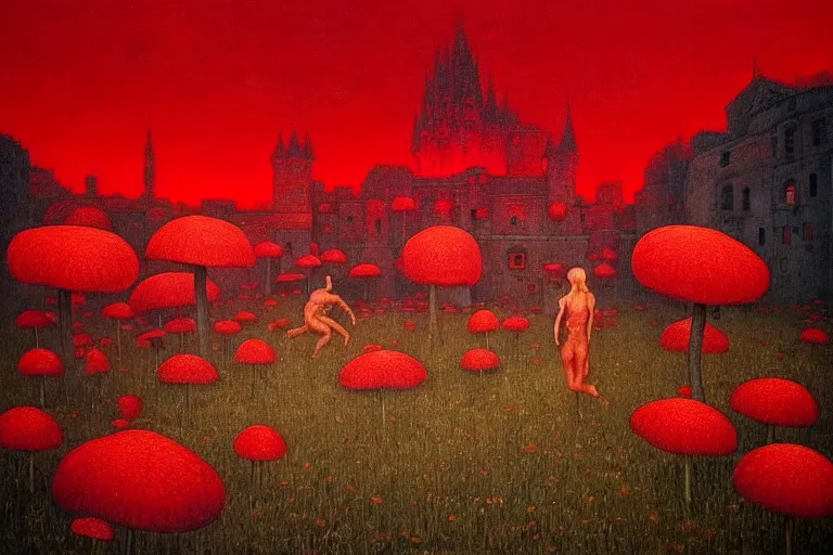 Image similar to only with red, red mushrooms of different types, a red tiger, a castle in the background, medieval demons dance over the flowers, an ancient path, in the style of beksinski, part by hopper, part by rodcenko, part by hofbauer, intricate composition, red by caravaggio, insanely quality, highly detailed, masterpiece, red light, artstation