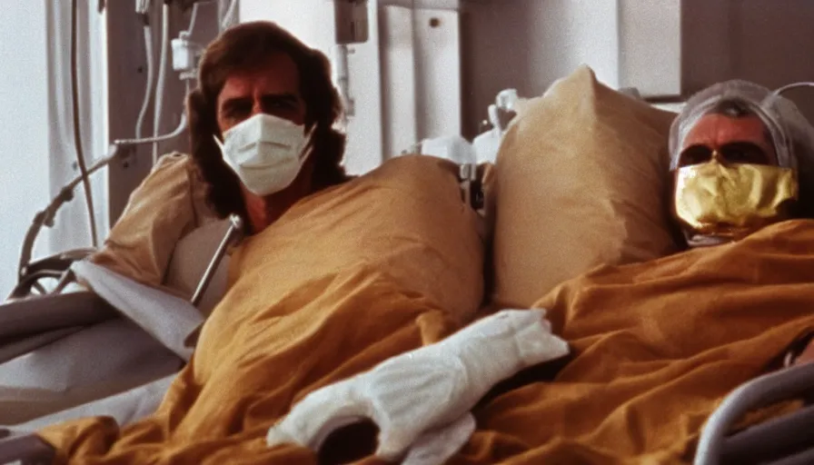 Prompt: 70s movie still of a man wearing gold mask in hospital, eastmancolor, heavy grain, high quality, higly detailed, liminal space