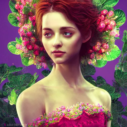 Prompt: the portrait of an absurdly beautiful, graceful, elegant, sophisticated woman made of strawberries and green petals, an ultrafine hyperdetailed illustration by irakli nadar, intricate linework, bright colors, octopath traveler, final fantasy, unreal engine 5 highly rendered, global illumination, radiant light, detailed and intricate environment