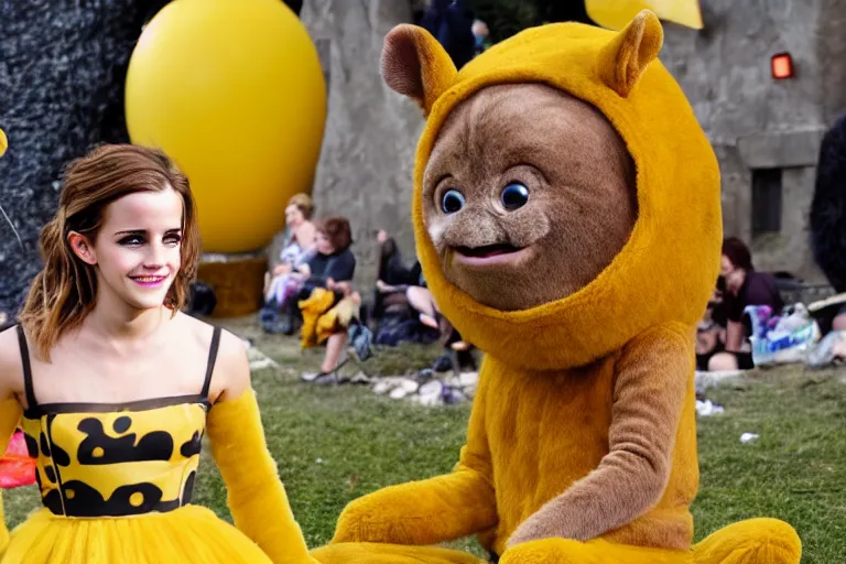 Image similar to photo, emma watson as furry rat, teletubbies around, eats cheese, highly detailed, intricate details