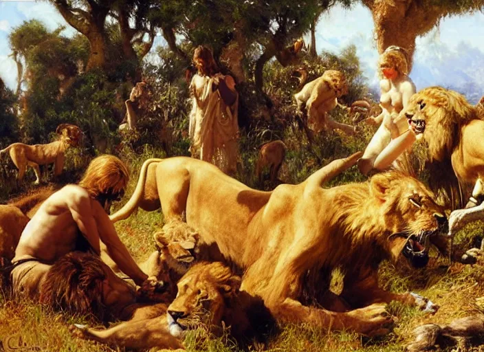 Image similar to a couple in love feeding the lions while a man lies dead on the ground, highly detailed painting by gaston bussiere, craig mullins, j. c. leyendecker